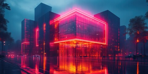 Neon-illuminated modern building urban cityscape nighttime futuristic aesthetic