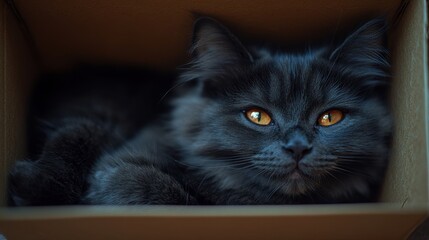 a black long-haired cat curled up in the box, a cute expression and pose, top-down angle shot
