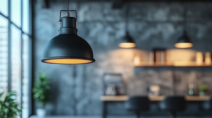 Industrial pendant lamp illuminates loft cafe interior