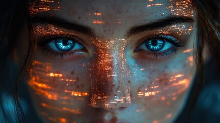 Woman in digital lights of the future close-up. Concept of the future, technology, science