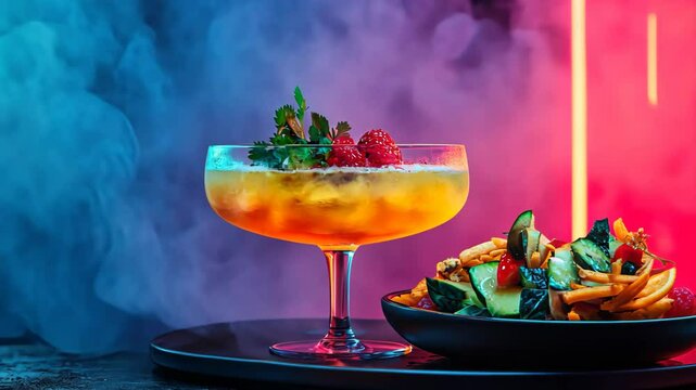 Vibrant cocktail with raspberry garnish and mexican snack, surrounded by colorful neon smoke, celebrating cinco de mayo, mexican culture