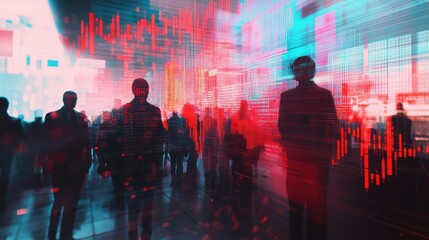 Crowd of businesspeople on abstract background with forex chart and devices. Communication, trade and money growth concept. Double exposure
