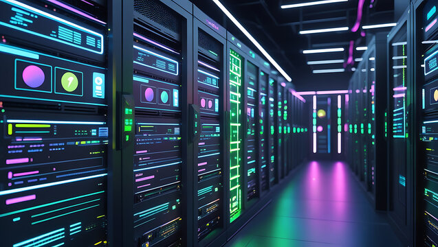 Futuristic server room with neon lights and digital data background