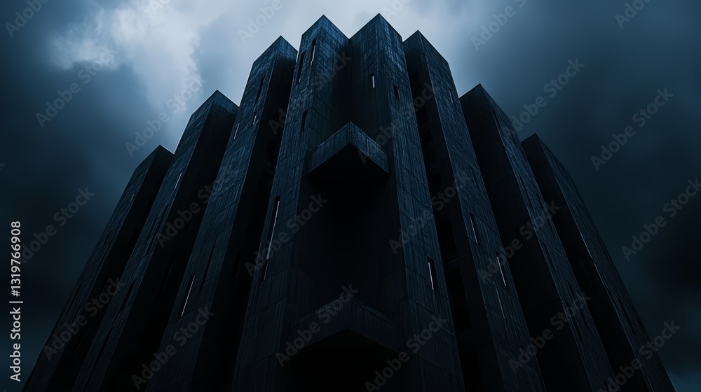 Poster tall building with a dark blue sky in the background. the building is very tall and has a lot of win