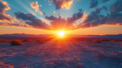 A stunning sunset over a minimalist mountain range, with the sky painted in vivid hues of orange and blue