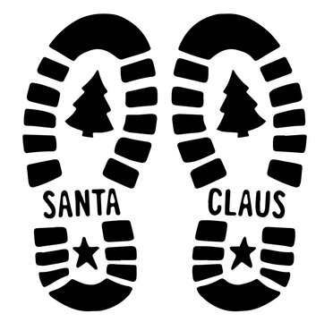 Santa's bootprints on snow with Christmas tree marks and "SANTA" and "CLAUS" text, perfect for holiday footprints and Christmas decorations.

