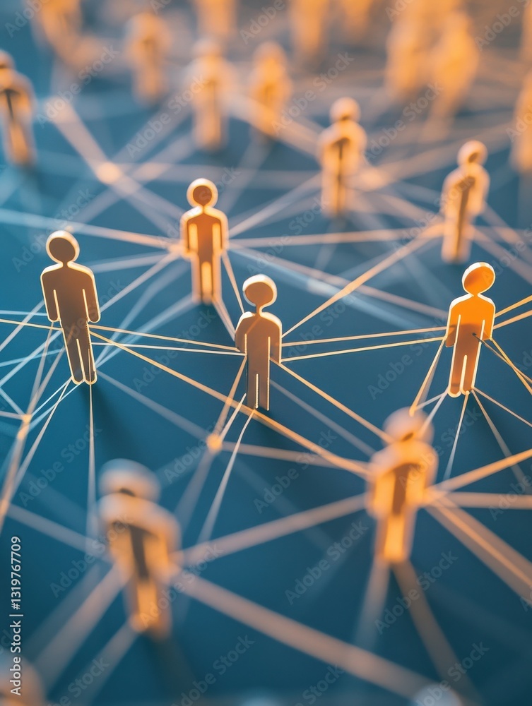 Poster a simple and minimalist style image featuring multiple icons representing people, connected by lines