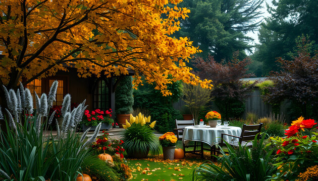 Fall seson brunch in garden , with white tonespng