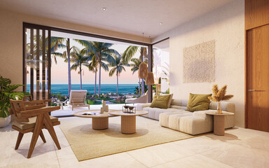 Sala de estar con vista al mar, 3d render
