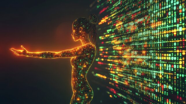 Abstract digital woman, binary code background, technology, concept, inspiration - Powered by Adobe