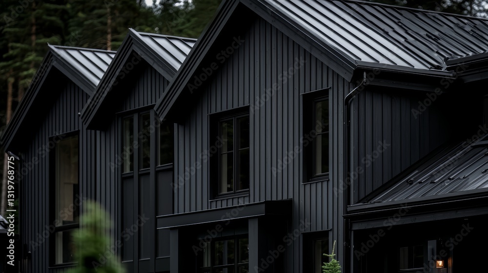 Poster three black houses with black roofs and windows. the houses are all the same color and have a simila