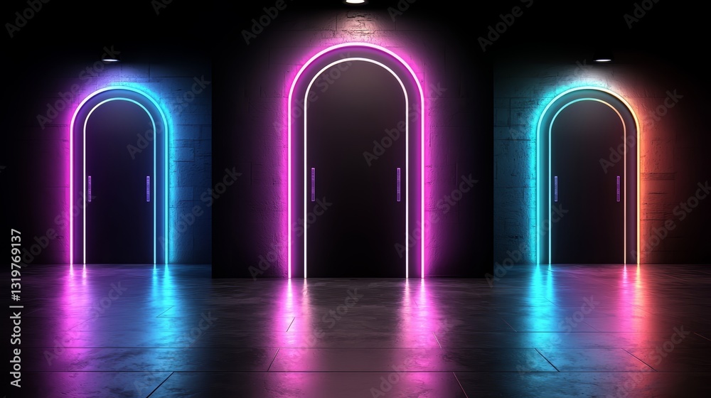 Aufkleber Three neon colored doors, each with a different color. The doors are illuminated and appear to be part of a futuristic or neon-themed setting. Scene is vibrant and energetic