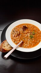 Georgian soup. Kharcho with rice, tomatoes, beef, garlic and herbs in the plate on black table Traditional Caucasian food spicy soup with lamb, tkemali and rice. Man showing pieces of meat with spoon.