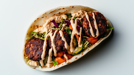 Crispy falafel wrap loaded with fresh vegetables, golden falafel balls, smooth hummus, tangy sauce on  white background