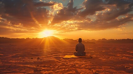 Breathtaking golden hour shot of a man praying on a prayer mat in an open desert with a vast sky and sunrays illuminating the scene