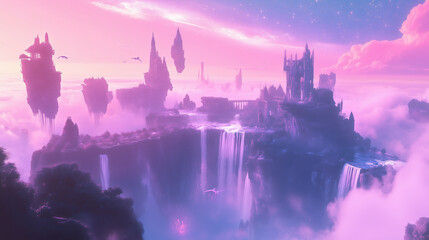 Obraz premium A breathtaking fantasy landscape featuring floating islands with cascading waterfalls, surrounded by mist and a dreamy pink and purple sky. A serene and otherworldly scene.