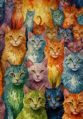 Crowd of Colorful Cats in Watercolor