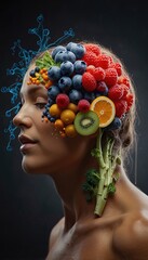 Woman with Fruit and Vegetable Mind Concept