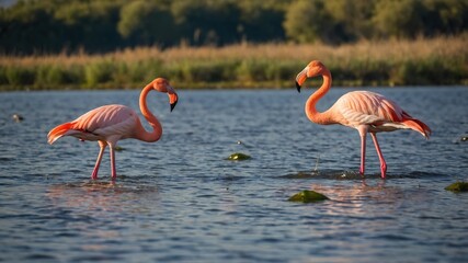Flamingos in a Serene Lake Setting