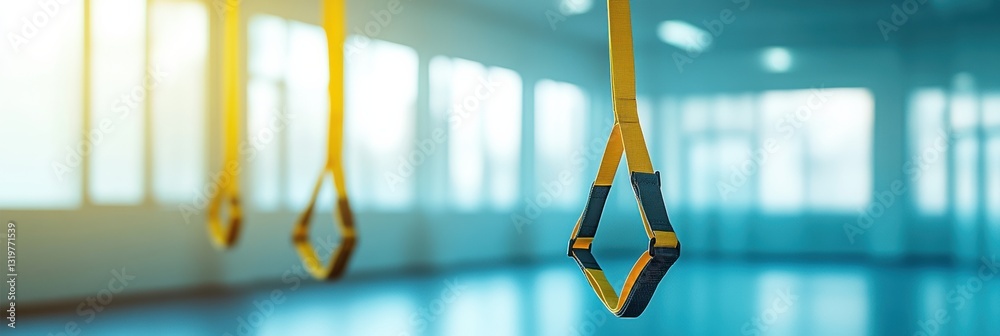Poster bright fitness studio featuring minimal straps suspended from the ceiling with a balanced geometric 