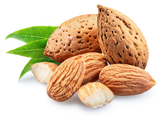 Almond nuts, cracked almonds and green leaves isolated on white background. File contains clipping path.