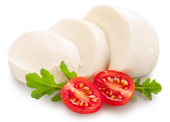 Slices of mozzarella cheese ball with tomato and arugula leaves on white background. File contains...