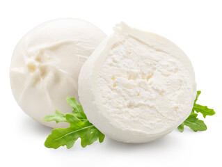 Ball of burrata cheese and cross cut of burrata with stracciatella and clotted cream inside on white background. File clipping path.