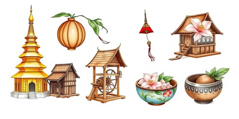 Asian Culture Icons Temple Houses Lantern Flowers and More