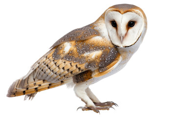 Silent barn owl gliding through the moonlit forest with outstretched wings isolated on transparent background
