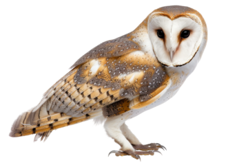 Silent barn owl gliding through the moonlit forest with outstretched wings isolated on transparent background