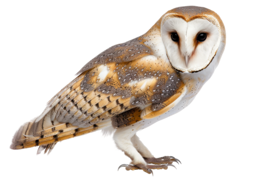 Silent barn owl gliding through the moonlit forest with outstretched wings isolated on transparent background