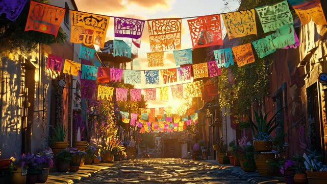 Vibrant mexican street decorated with colorful papel picado banners at sunset celebrating cinco de mayo, mexican culture