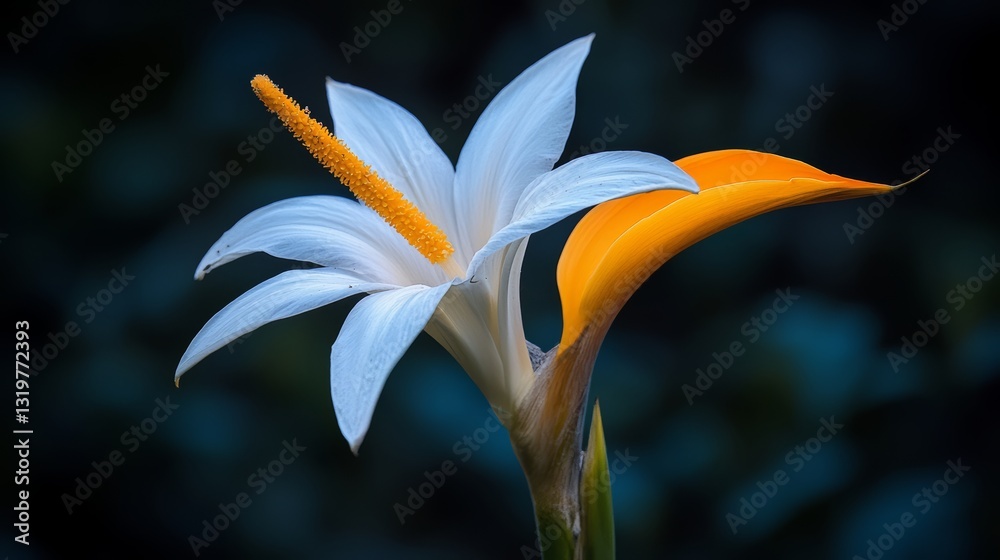 Poster white and orange flower with a yellow stem. the flower is in the foreground and the stem is in the b
