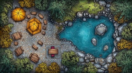 Scenic camping layout by a tranquil pond nature landscape aerial view design