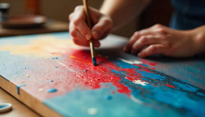 Obraz premium A close-up of an artist's hand painting on a canvas with vibrant colors and intricate brushstrokes.