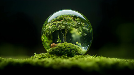 A Miniature Tree Encased Within A Transparent Glass Sphere On A Bed Of Vibrant Green Moss In A Dark Atmospheric Setting