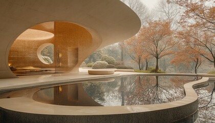 Fototapeta premium Modern architecture with curved pool reflecting autumn trees. Ideal for showcasing tranquil design, spa, or wellness concepts.