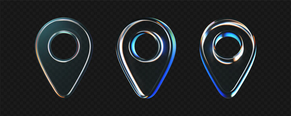 3D glass location pin icons set with refraction, holographic effect isolated on dark background. Render transparent glass location map with rainbow gradient. Navigation, gps sign. 3d vector morphism