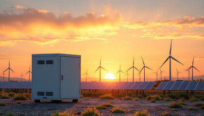 Sunset with modern battery energy storage system and background of wind turbines and solar panel power plants , with white tonespng