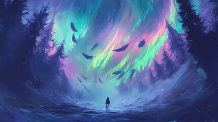 Aurora reverie picture a lone figure in a tranquil forest as feathers infused with the colors of the aurora borealis drift down. each feather glows softly illuminating the. Aurora Drift. Illustration