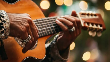 Close-up of hands strumming a guitar with intricate design and sparkling rings, set against glowing lights background, celebrating cinco de mayo, mexican culture