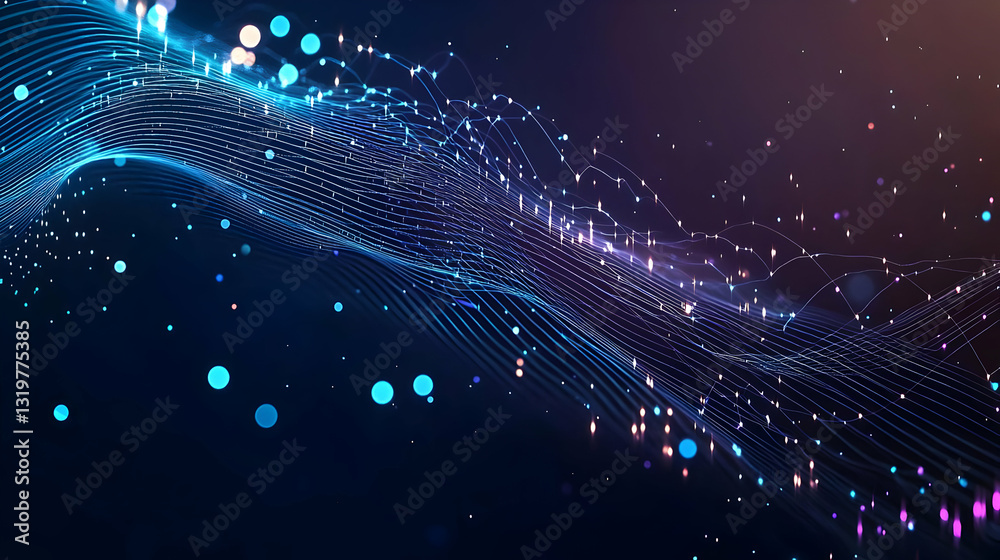 Poster abstract blue wavy particle flow on dark gradient background with glowing light effect digital techn