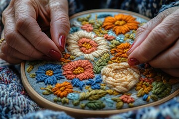 Embroidery technique demonstration crafting skill cozy environment view