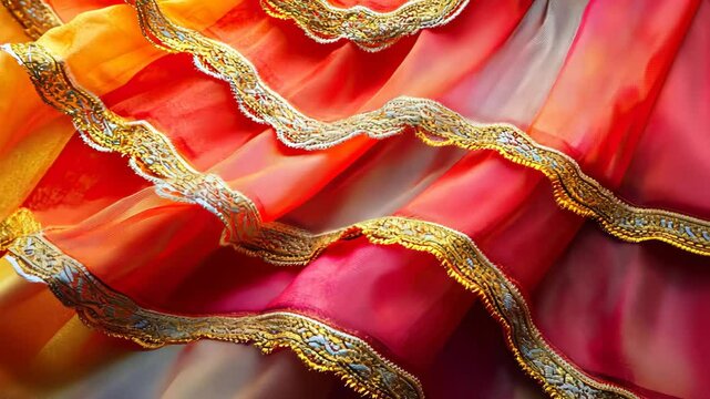 Vibrant mexican textile background with intricate gold embroidery, flowing fabric in bright colors celebrating cinco de mayo, mexican culture