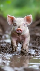 Piglet enjoys carefree moments splashing and playing in muddy puddles in a lush green farm setting