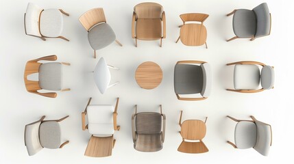 group of chais and tables with whitebackground