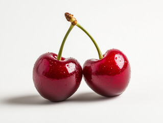Two cherries with water droplets on white background
