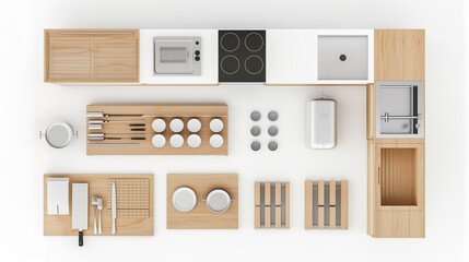 group of kitchen furniture and acessories with whitebackground