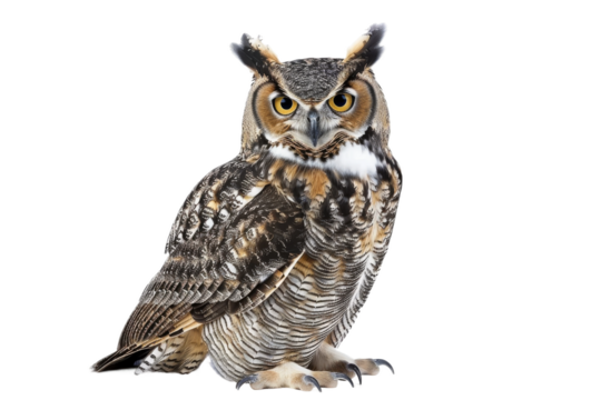 Gorgeous great horned owl perched on a branch with intense expression and feathered tufts isolated on transparent background