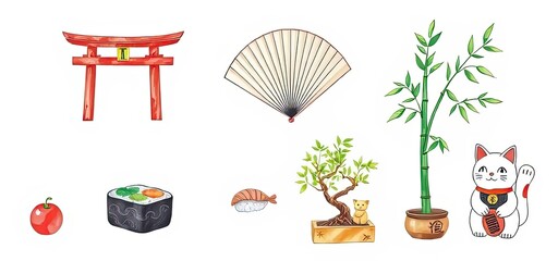 Japanese Culture Elements Gate Fan Sushi Plants Cat
